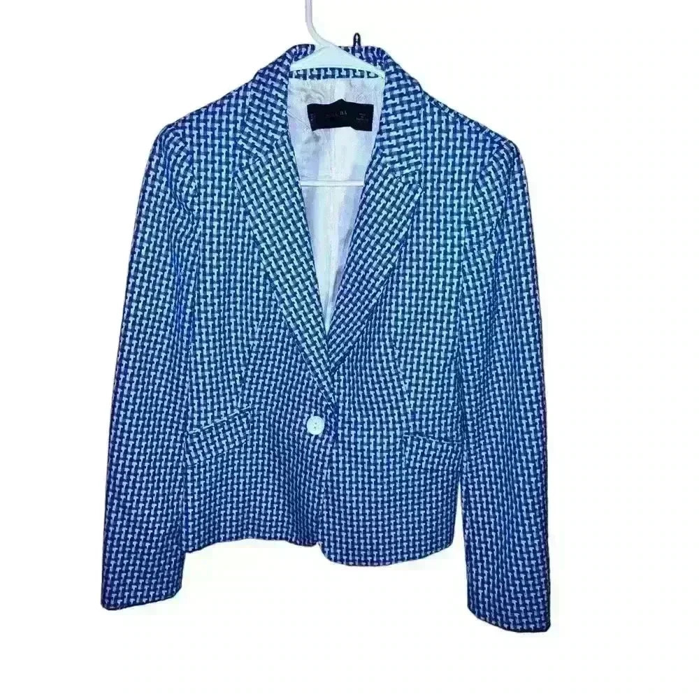 Zara Basic Blue one button c Blazer Sz M Herringbone Office Siren Secretary
